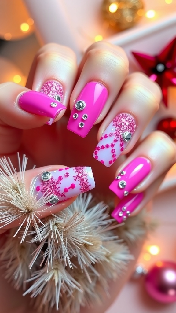 A set of pink Christmas Y2K nails with glitter and festive designs, displayed in a cozy holiday setting.